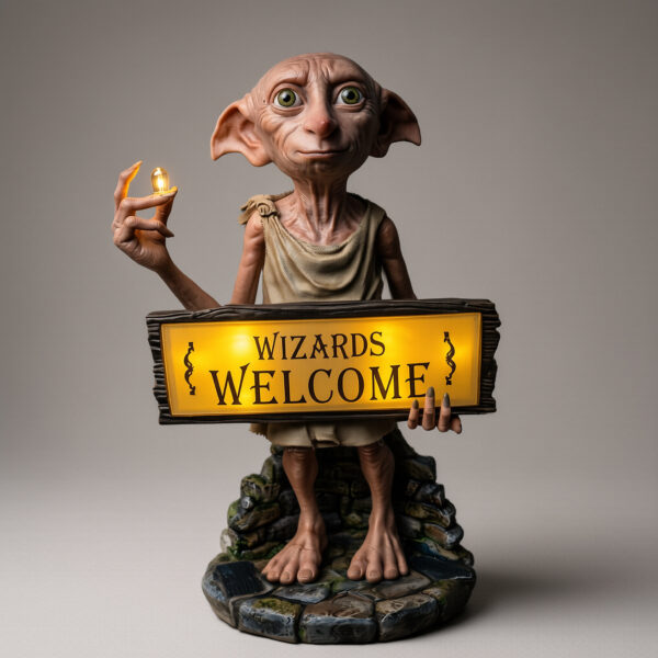Dobby House Elf Statue with LED Glowing Wizards Welcome Sign